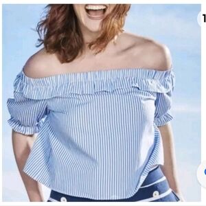 Vineyard Vines x Target Off Shoulder Striped Bardot Ruffled Blouse Top Blue M